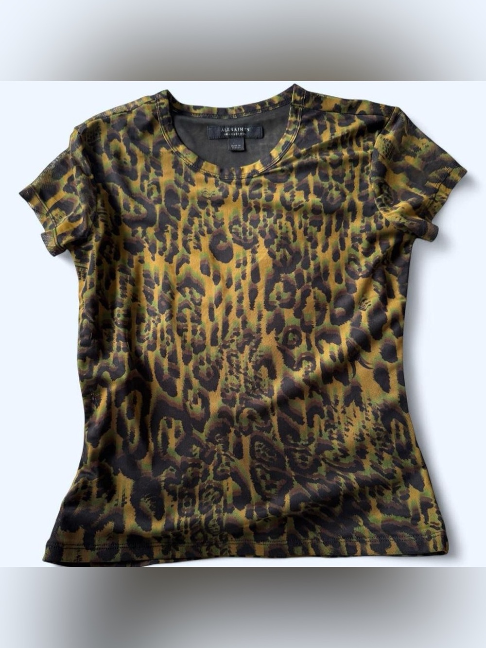 All saints Olive & Black Leopard Print Short Sleeve Tee